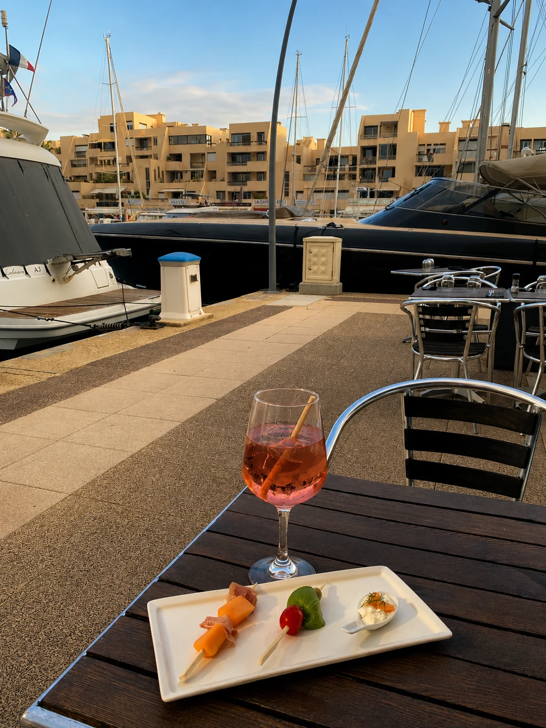 Pinchos et verre de rosé face aux bateaux